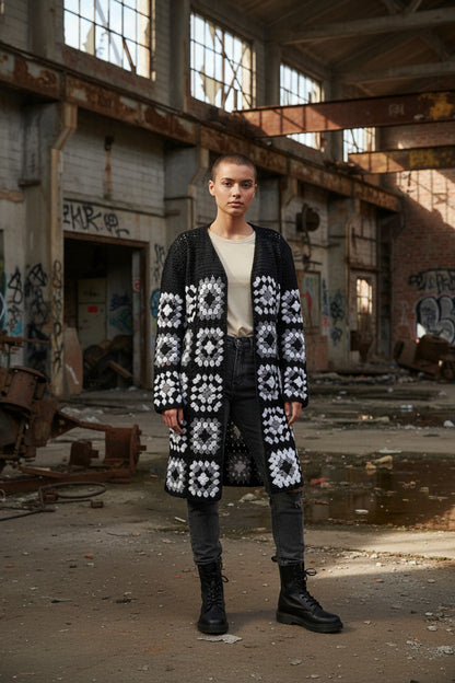 Ζακέτα με κροσέ μοτίβα τετράγωνων γιαγιάς και πλέξιμο