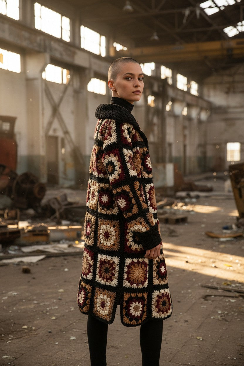 Häkelanleitung für einen langen Cardigan im Granny-Square-Stil (PDF) – Größen S–3XL