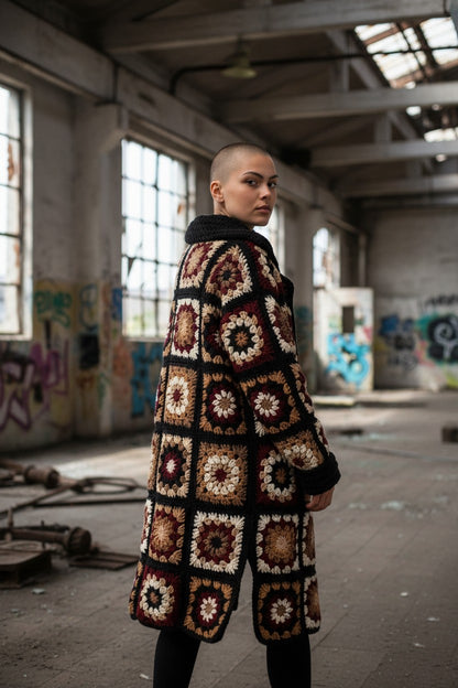 Granny Square Coatigan Crochet  – Long Cardigan with Buttons – Sizes S–3XL