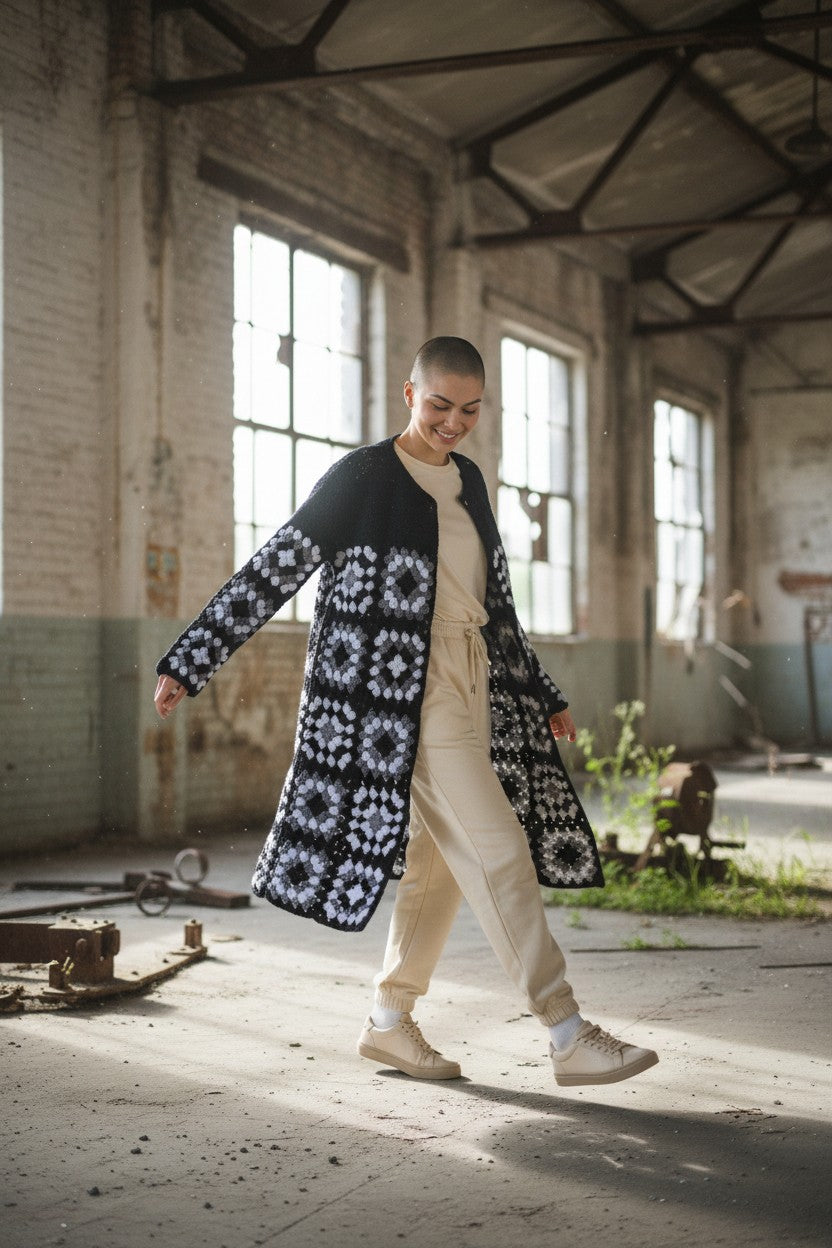 Ζακέτα με κροσέ μοτίβα τετράγωνων γιαγιάς και πλέξιμο