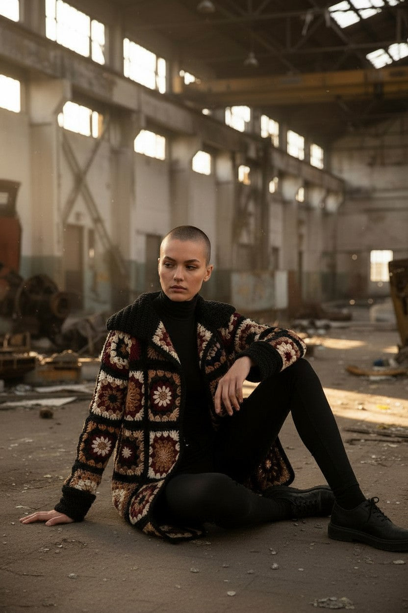 Häkelanleitung für einen langen Cardigan im Granny-Square-Stil (PDF) – Größen S–3XL