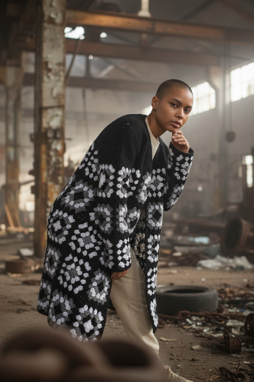 Ζακέτα με κροσέ μοτίβα τετράγωνων γιαγιάς και πλέξιμο