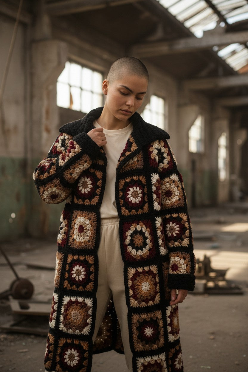 Häkelanleitung für einen langen Cardigan im Granny-Square-Stil (PDF) – Größen S–3XL