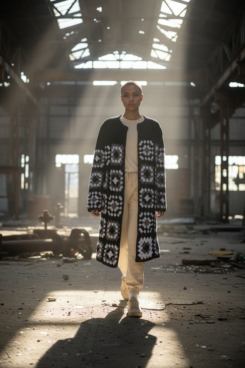 Ζακέτα με κροσέ μοτίβα τετράγωνων γιαγιάς και πλέξιμο