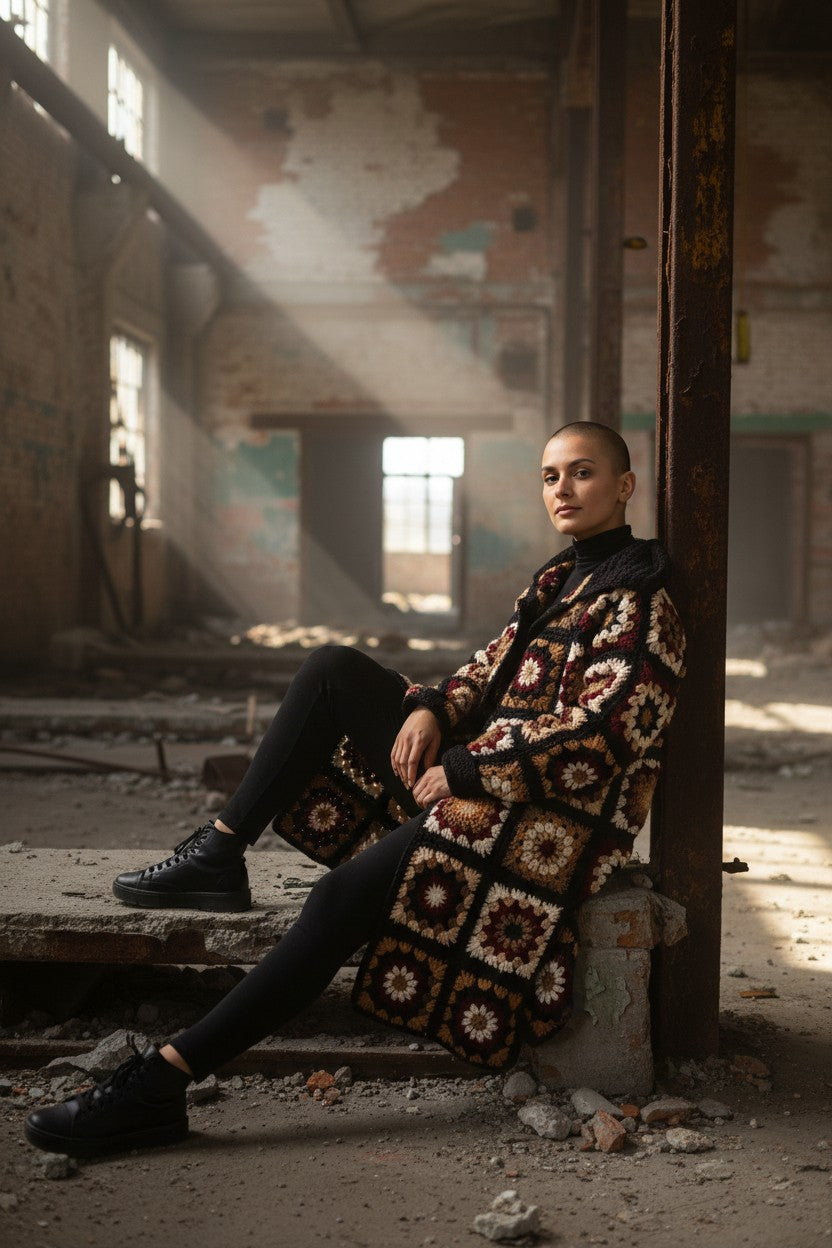 Häkelanleitung für einen langen Cardigan im Granny-Square-Stil (PDF) – Größen S–3XL