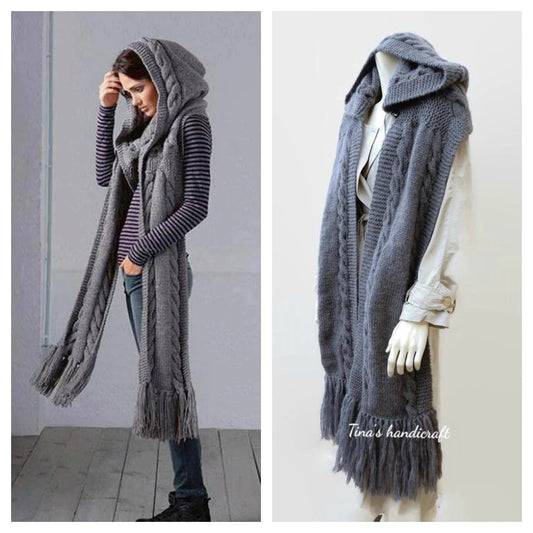 Hooded scarf with braids and fringes